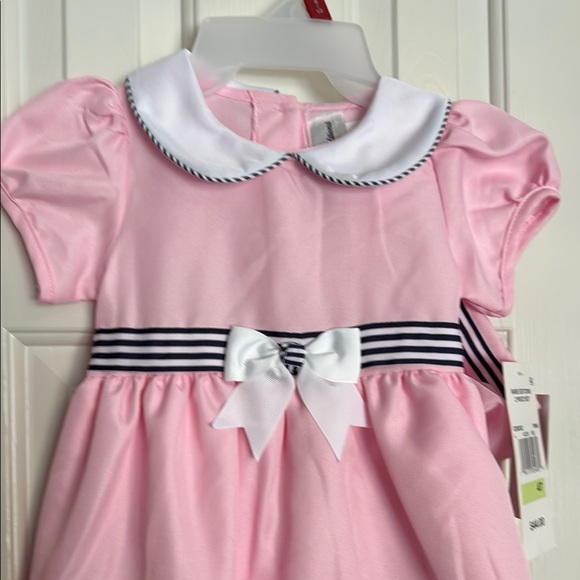 Rare Editions Pink Dress with Navy Striped Accents and Bow with matching hat - Picture 3 of 14